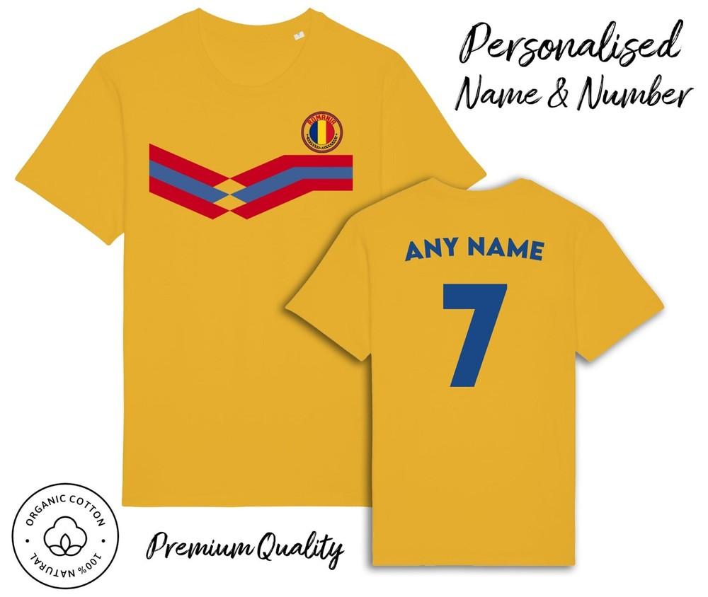 

Romania Strip T-Shirt 2024 Personalised Name and No Adult Kids Baby, Football Euro S
