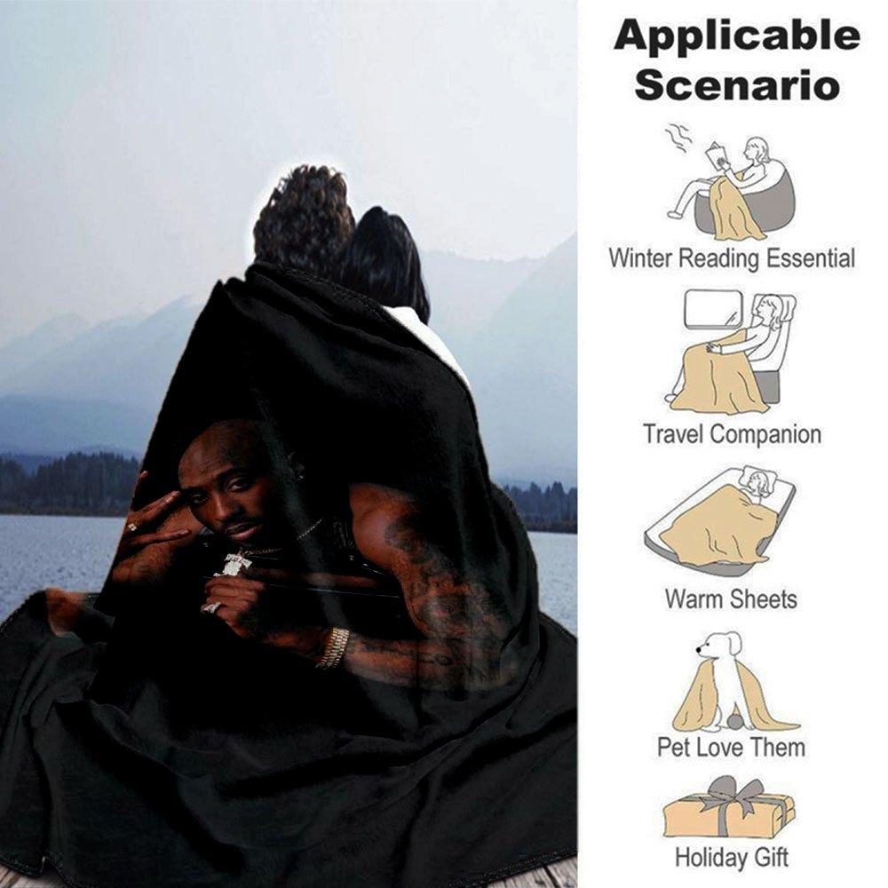 1pc 2PacHip Hop Blanket Soft Lightweight All Season Multi Purpose Throw for Sofa, Bed, Office & Picnics, French Style with Iconic Album Art & Quotes