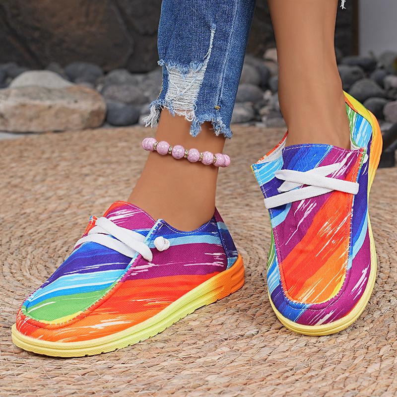 2025 New Plus-size Lace-up Color Low-top Shoes Women's Ethnic Style Graffiti Lazy Canvas Flat Shoes
