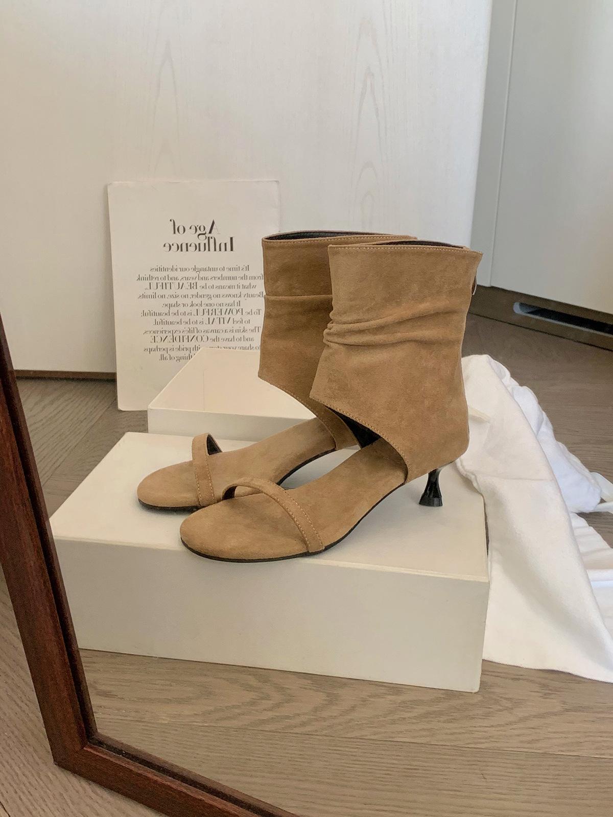 

Sheepskin version niche trouser boots Roman thin heel open-toed sandals women s one-word high-heeled cool boots 40