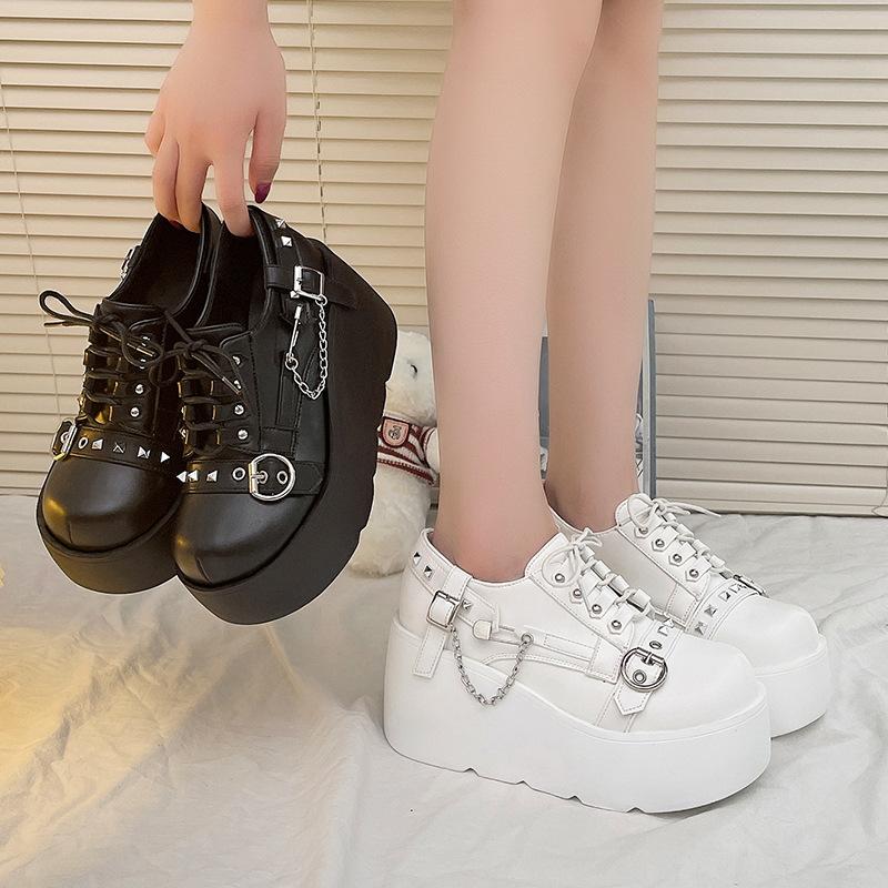 Metal Wind Platform Muffin Japanese Retro Dark Goth Punk Zipper Small Leather Shoes Girl Sweet Cool Big Head Shoes