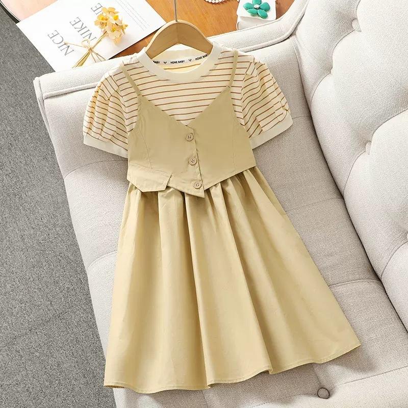 Girls Summer Striped Fake Two Piece Dress Middle Big Kids Fashionable Elegant Casual Dress For Daily Wear 120cm хаки