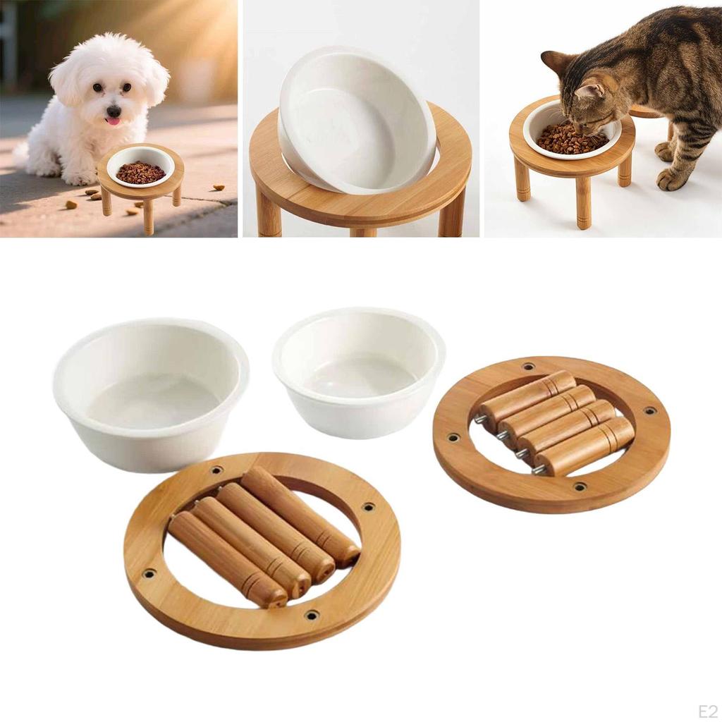 Elevated Cat Dog Bowl Ceramic Feeder Easy Assembly with Wood Stand Raised Pet Food Water Dish