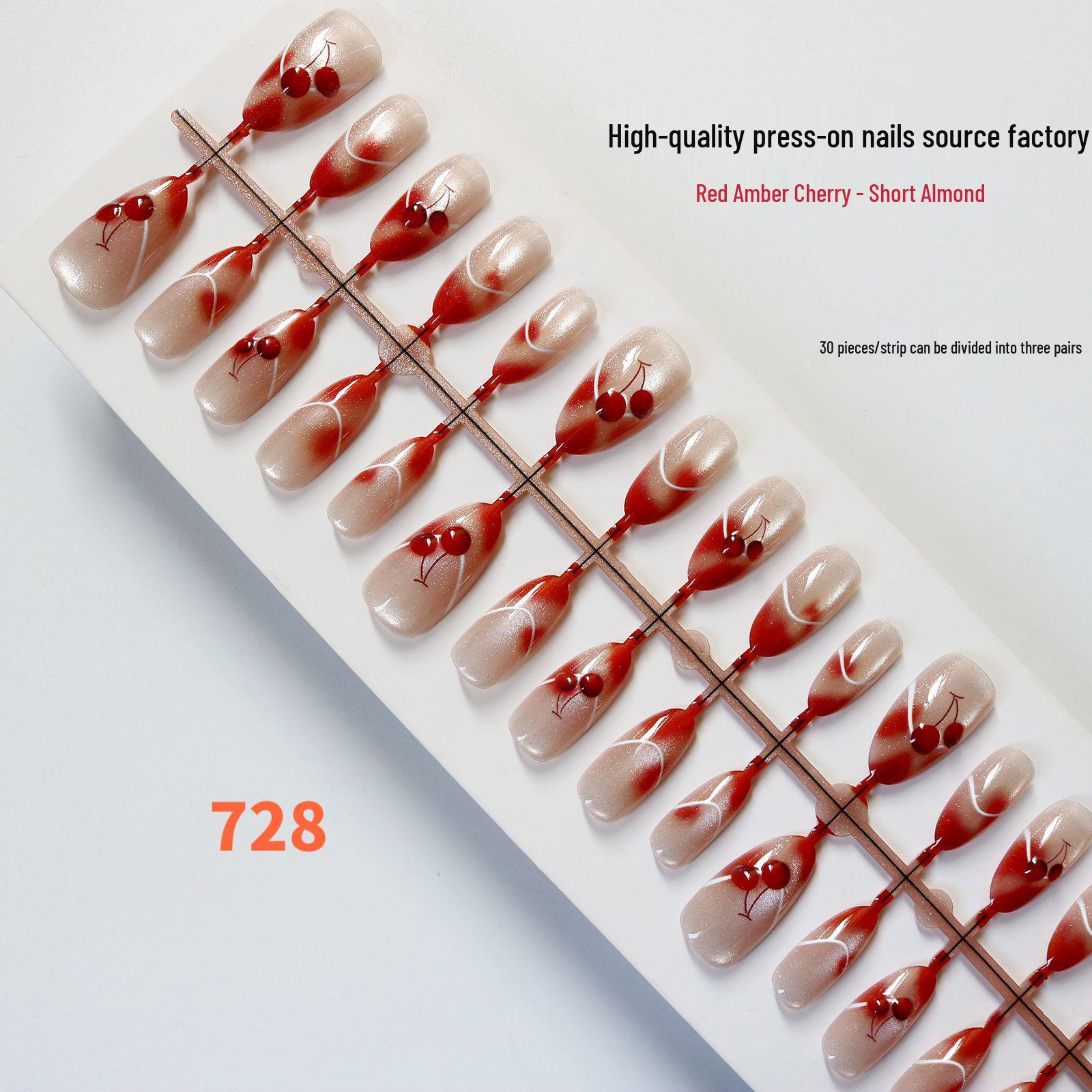 Red Amber Cherry 3D Cat Eye Wearable Nail Tips with Advanced Nail Art Stickers 30 Pieces Mixed Sizes M/S/XS
