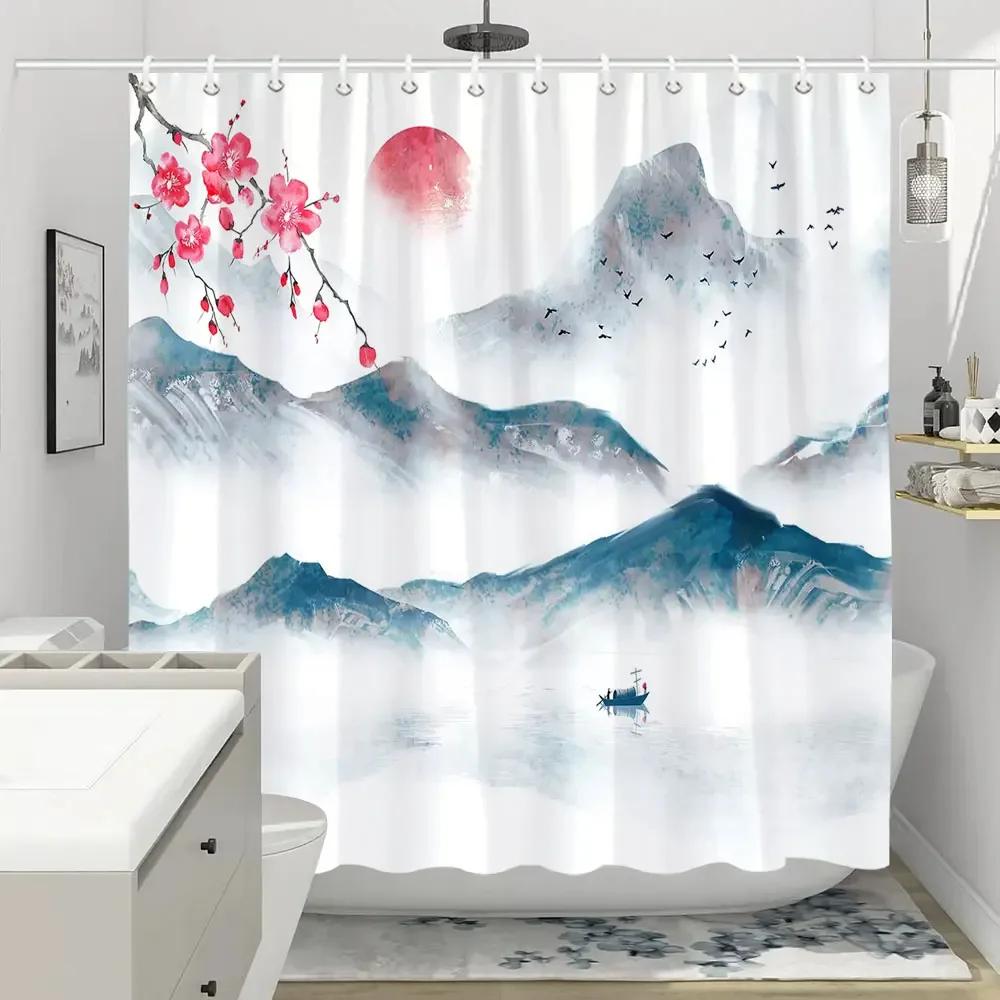 Shower Curtain Red Plum Blossom Branch Japanese Chinese Oriental Sun Misty Mountains Ink Nature Landscape Bathroom Curtains