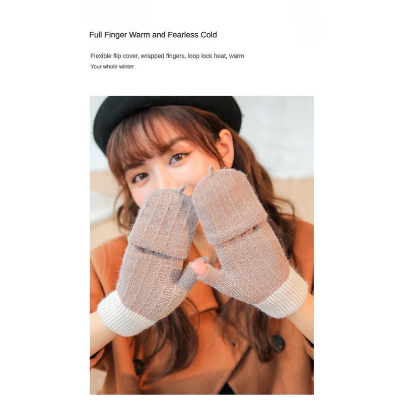 Half Finger Flip Korean Style Gloves Winter Women's Cute Fleece-Lined Cold-Proof Warm Wool Knitted Autumn and Winter Open Finger