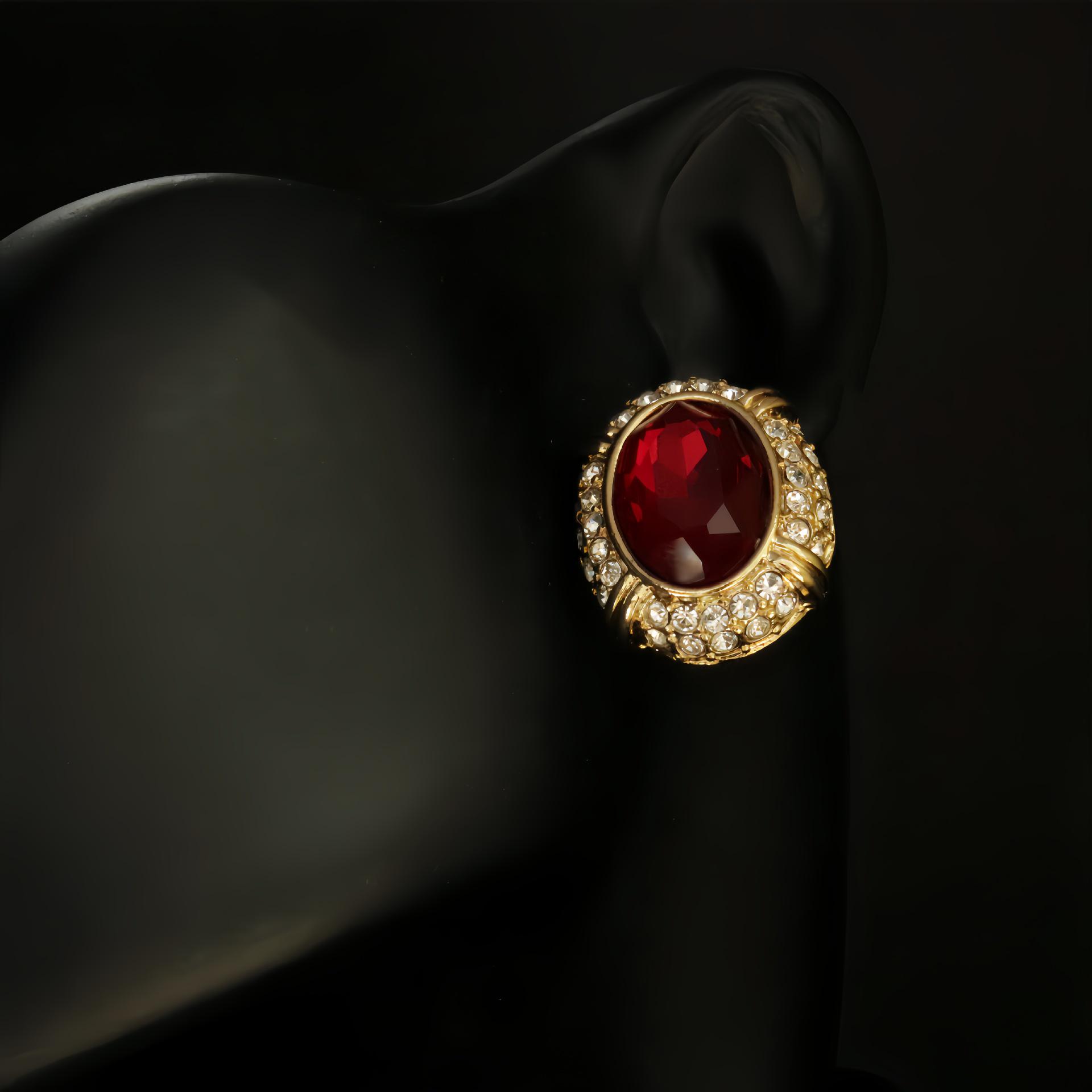 Exquisite Retro Oval Stud Earrings with Ruby and Full Diamond Micro-Pave