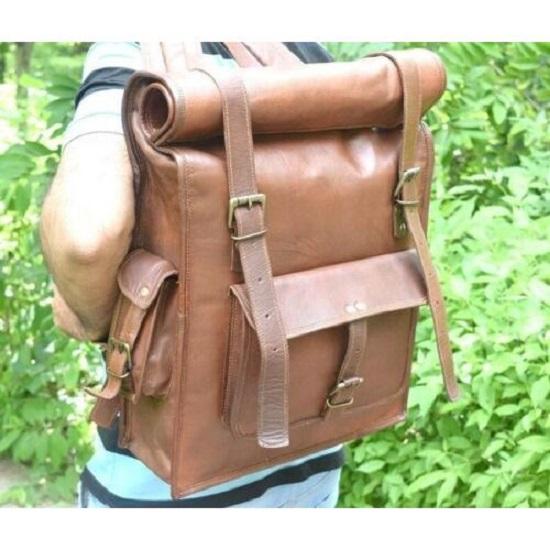 Handmade Genuine Goat Leather Rolling Top Backpack Rucksack Travel Bikers Bag