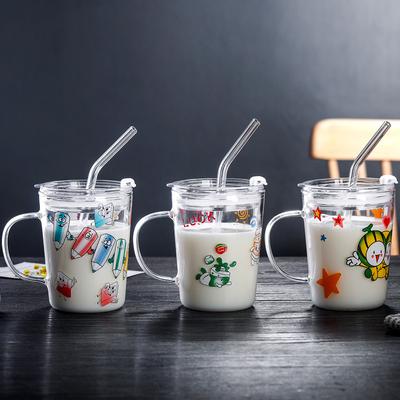 High Borosilicate Cartoon Straw Water Cup with Lid Transparent Cup Large Capacity Glass Creative Gift Beverage Glass Water Cup