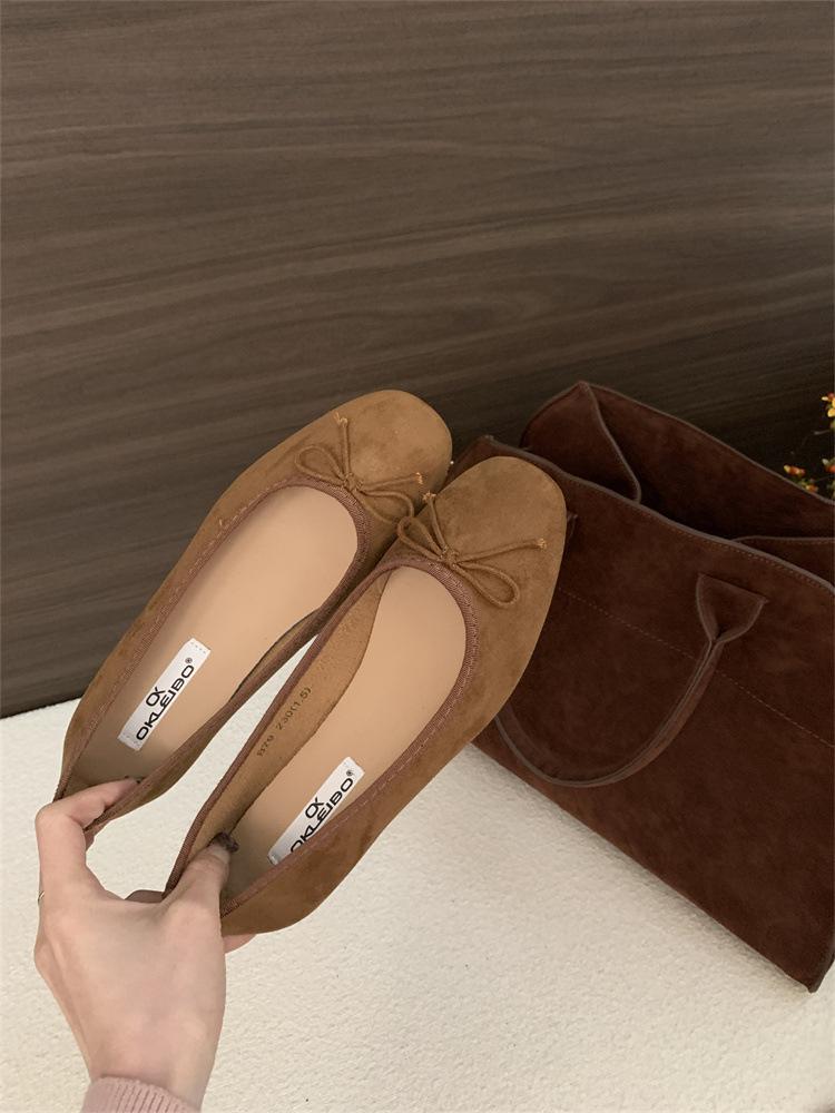 

2025 ранняя весна новая универсальная обувь на плоской подошве с квадратным носком и неглубоким вырезом, ленивые туфли-лодочки с бантом, бабушкины туфли 40 верблюд