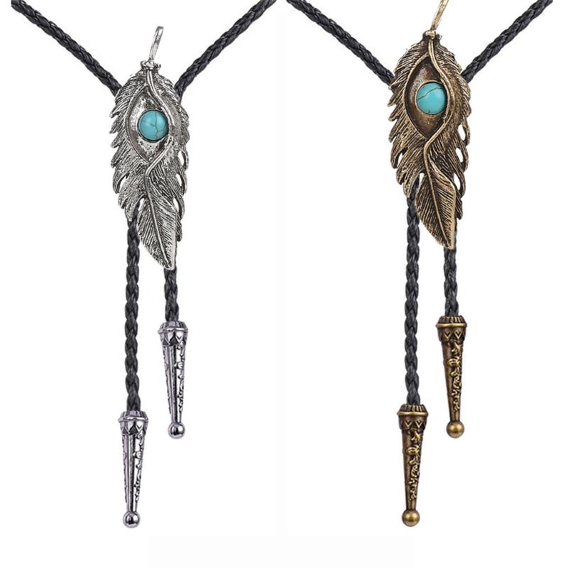 Metal Turquoise Bolo Tie Wing Pattern Feather Necktie for Shirt Jeans Western Necklace Braided Shoestring Necktie Bola-T