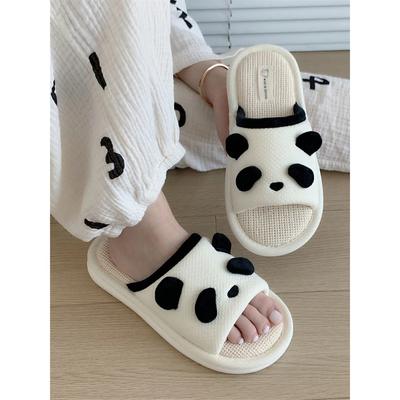 Panda Linen Slippers For Women Man Four Seasons Indoor Anti Slip Soft Sole Cute Stillness Floor Slipper For Couple