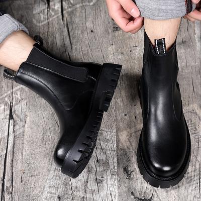 Modemarke Klassische Schwarze High Top Stiefel Herren Hoher Absatz Echtes Leder Knöchel Chelsea Boots Herren Britischer Stil Dicke Sohle Mid Top Stiefel