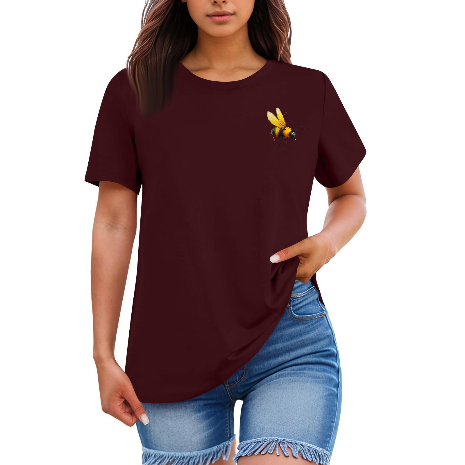 

Ladies Loose Comfortable Casual Fashionable Insect Printed Round Neck Short Sleeved Shirt L винний