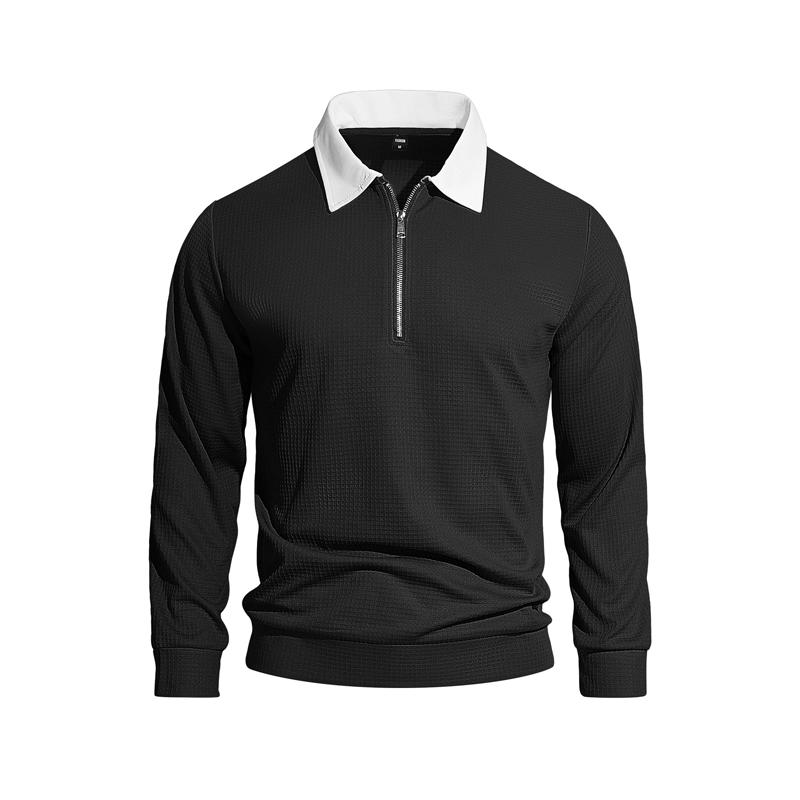 

Men s Casual Waffle Texture Polo Shirt Long Sleeve Half Zipper Contrast Collar Sweatshirt Spring Autumn Pullovers L чёрный