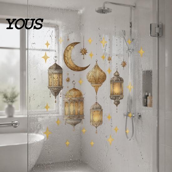 Removable PVC Wall Art Ramadan Stickers, Peel And Stick Decals, Eid Mubarak Decor, Vintage Hanging Self Adhesive Murals Lantern Moon Star