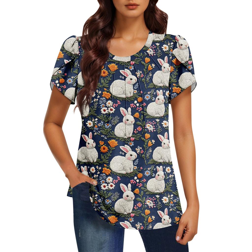 Women's Fashionable Round Neck Short Sleeve Printed Casual Basic Pleated Pullover T-shirt Top