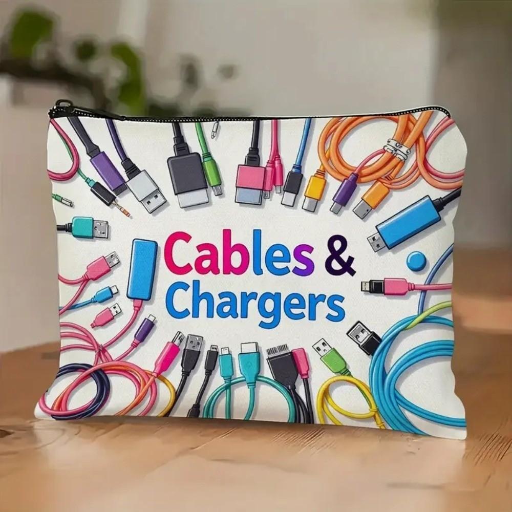 

New Canvas Charger Storage Pouch Print Design Large Capacity Cable Organizer Bag Zipper Closure Electronics Bag for Office Desk