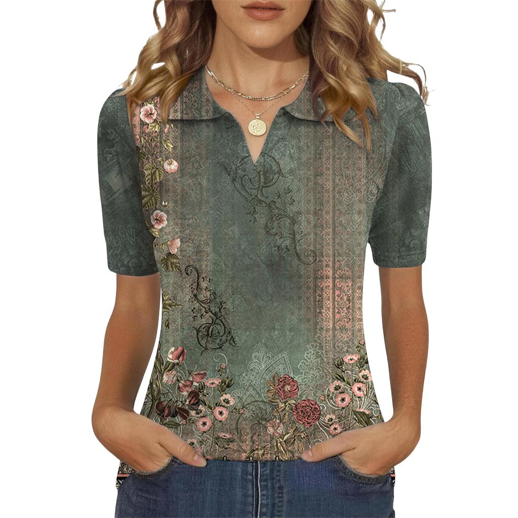 Women's Vintage Floral V Neck Casual Short Sleeve Shirt Top Lightweight Breathable Summer Blouse with Relaxed Fit and Collared Design