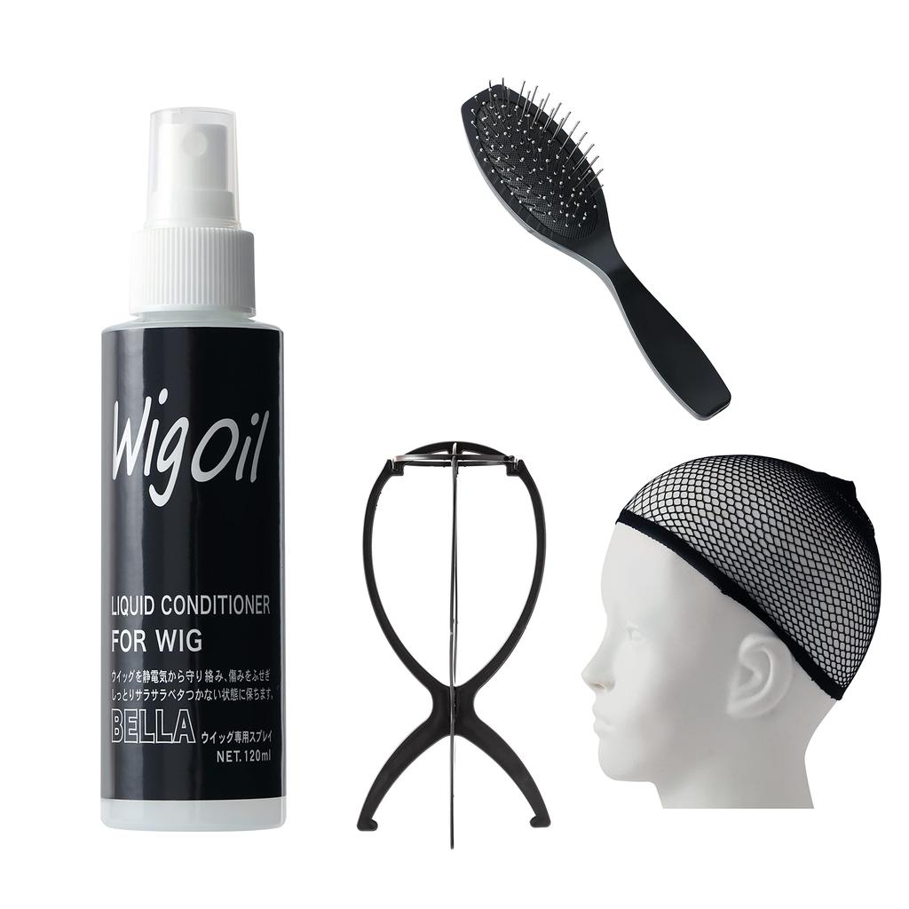 MilicaBooks Wig Care 4 Piece Set Wig Oil 120ml Wig Stand Wig Brush Wig Net Mist Type Unscented Disinfecting Deodorizing Shiny Smooth Spray