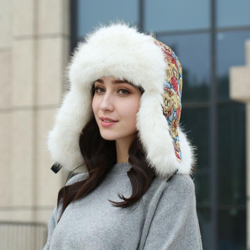 

Зимняя шапка новая медведь женская утолщенная ветрозащитная и холодная шапка искусственный мех защита ушей теплая шапка L（58-60cm）