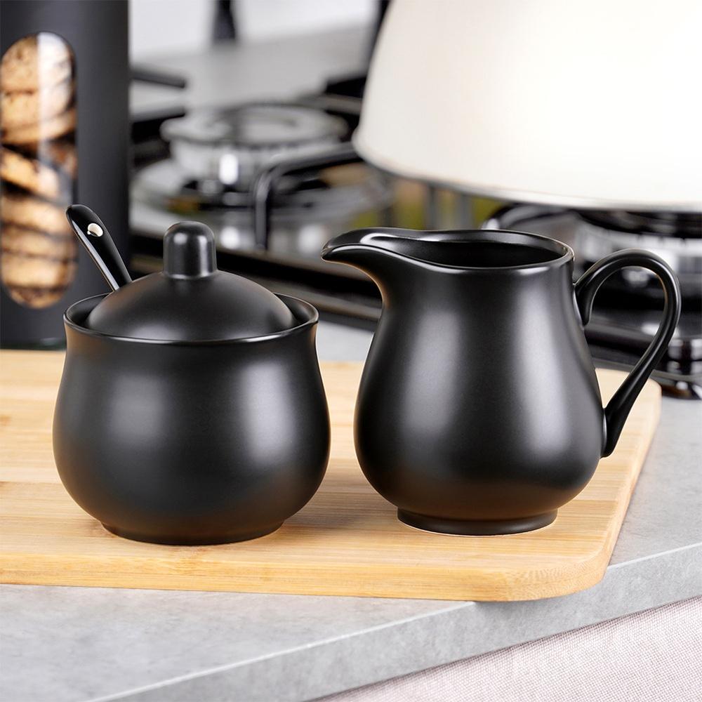 Set of Sugar Bowl, Milk Jug, Spoon, Sugar Milk Container, Black