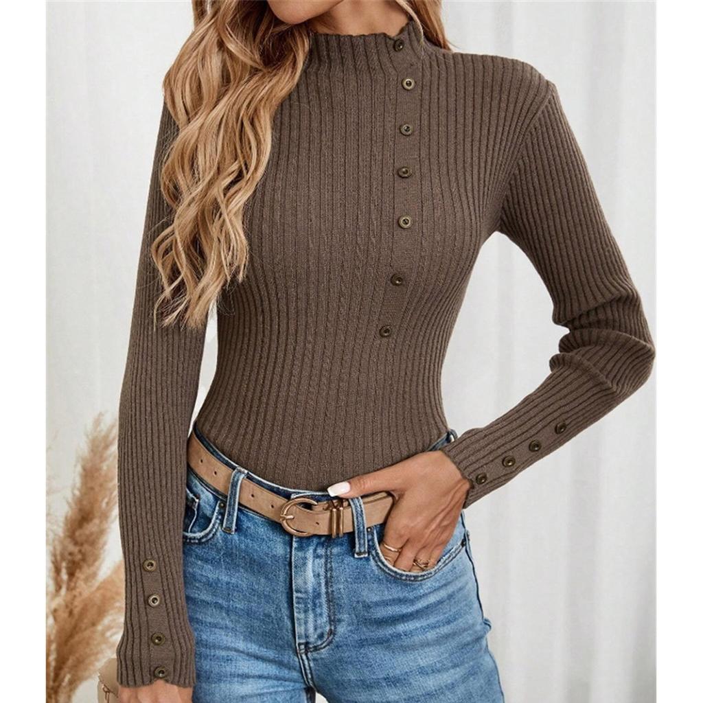 Women's Casual Solid Color Slim Button Knit Sweater Long Sleeved Base Sweater Sweater