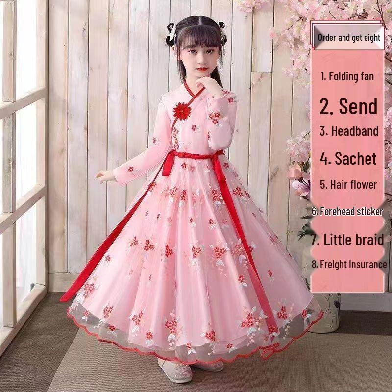 Hanfu Girls' Cherry Blossom Ruqun Dress - Long Sleeve Ancient Chinese Style for Spring & Autumn