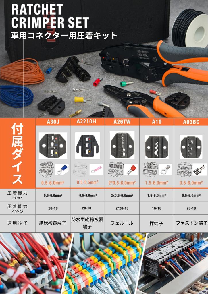 iCrimp HS-30J Interchangeable-Die Crimping Tool Kit with FSA-0626 Wire Stripper