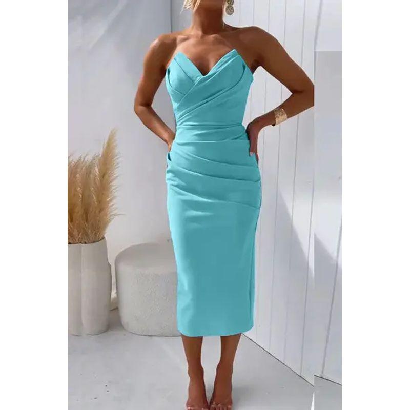 Fashion European and American Women Clothes Sexy Tube Top Sleeve Slit Solid Dress Sexy Solid Color Dress