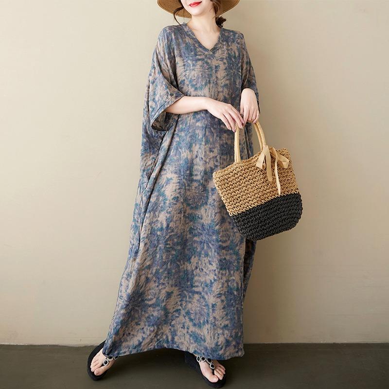 Summer New Cotton and Linen Literary and Retro V-neck Printed Shoulder Sleeves Large Size Casual Foreign Trade Dress Women