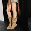 Song Xixi Apricot High Heel Slouch Cowboy Ankle Boots - Versatile Mid-Calf Stiletto for Women