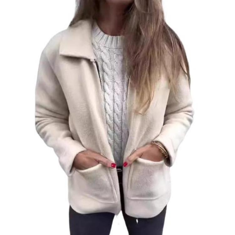Long Sleeved Women Jacket Turn Down Collar Loose Thermal Coat Solid Color Zipper Closure Pockets Commuting Dating Office Spring Fall Winter