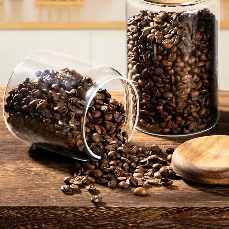 1Pcs Wooden Cover Coffee Beans Vacuum Sealed Tank Transparent Glass Food Storage Jars Household Moisture-Proof Container