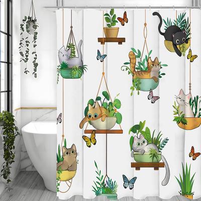 Cat Shower Curtain, Hanging Potted Kitten Plant Stand Bathroom Decorative Shower Curtain, Waterproof Shower Curtain with Hooks