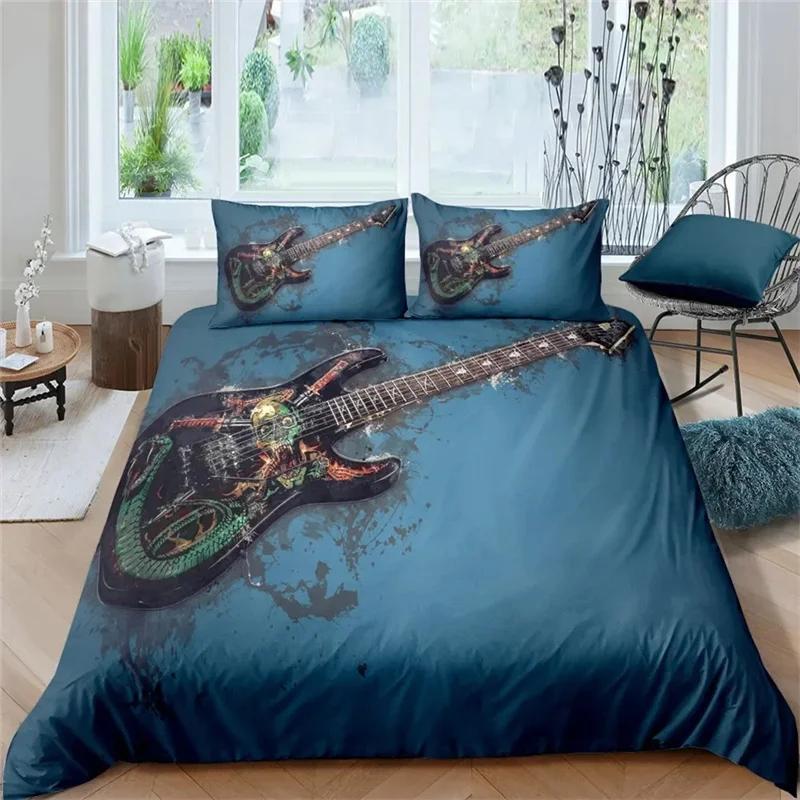 Music Guitar Beding Set King Quen Heavy Metal Punk Rock Soft Duvet Cover for Ten Boy Musical Note 2/3PCS Polyester Warm Comforter Cover