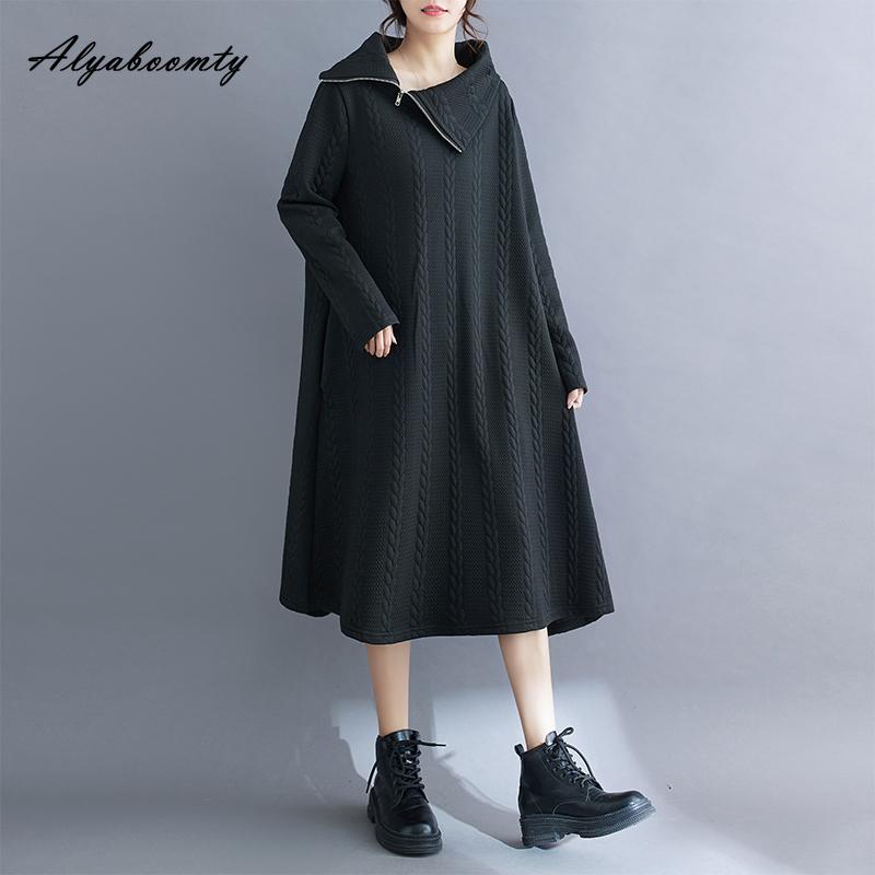 Korean Fashion Autumn Winter Women Stylish Dress Turtleneck Zipper Black Brown Casual Loose Dress Vintage Baggy All-Match Dress