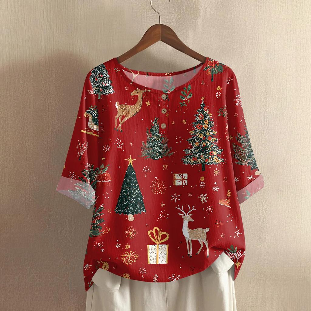 Kadın Modası Ve Günlük Gömlek Yarım Kollu Yuvarlak Yaka Noel Baskılı Pamuk Ve Keten Bluz Üst