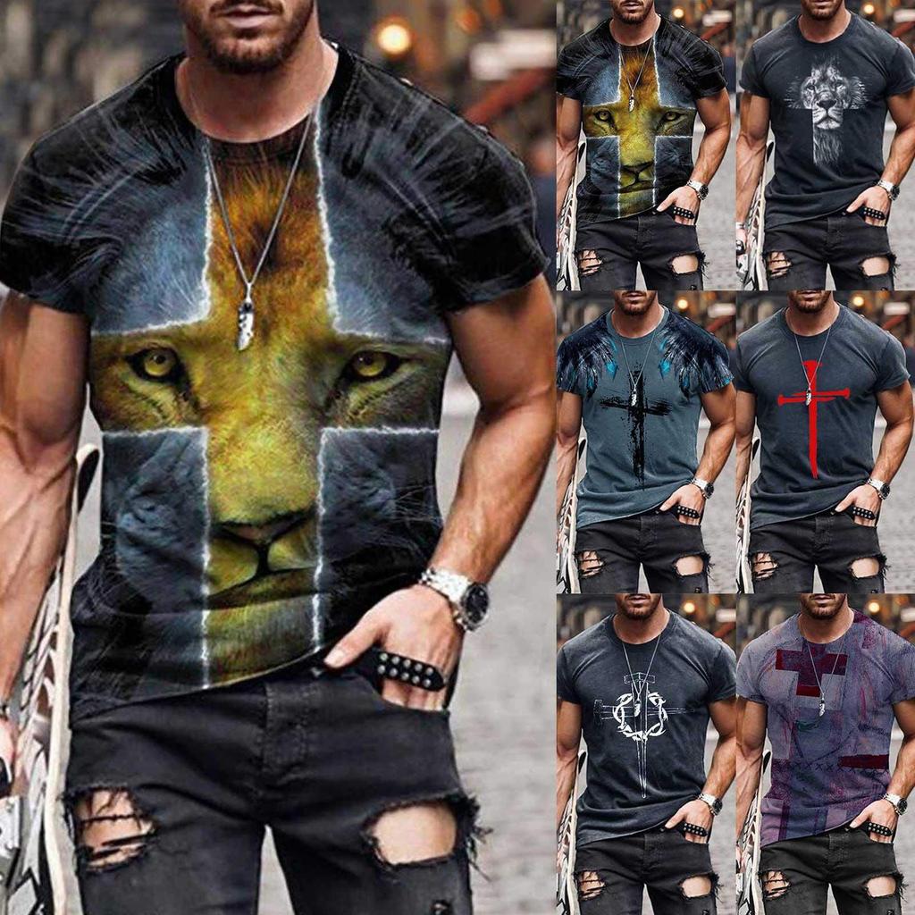 Men's Street Fashion Cross Belief Printed Round Collar Short Sleeve T Sleeve