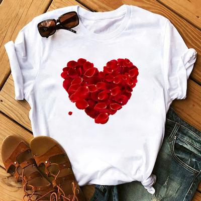 Fashion Kawaii Rose Flower Heart Graphic Women's T-Shirt Summer Loose Blouse 90S Short Sleeve O-Neck Tees Ladies White Y2K Tops