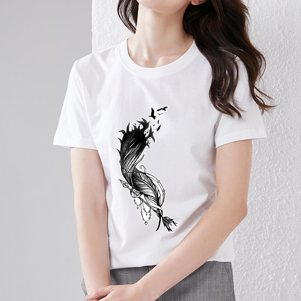 

Летняя женская спортивная футболка с коротким рукавом и принтом перьев, топ для фитнеса, футболка для бега, дышащая спортивная одежда, пуловер с круглым вырезом, одежда 6XL