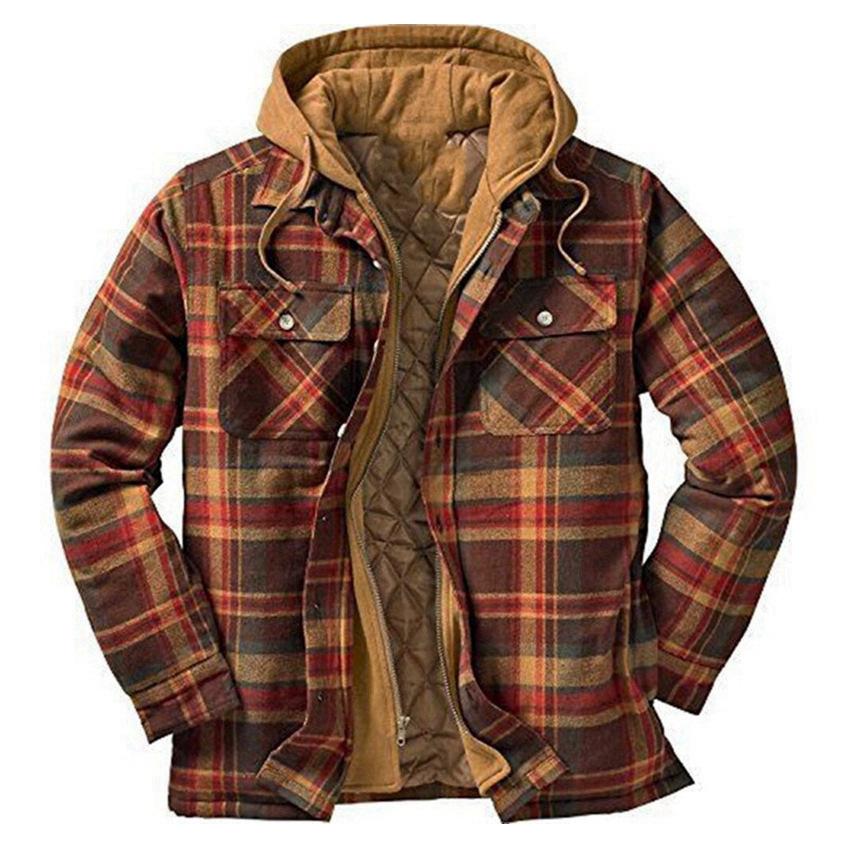 Giacca con cappuccio in flanella trapuntata casual da uomo, morbida e calda, a maniche lunghe, con cerniera, a quadri, per uomo, con cappuccio invernale, cappotto, capispalla