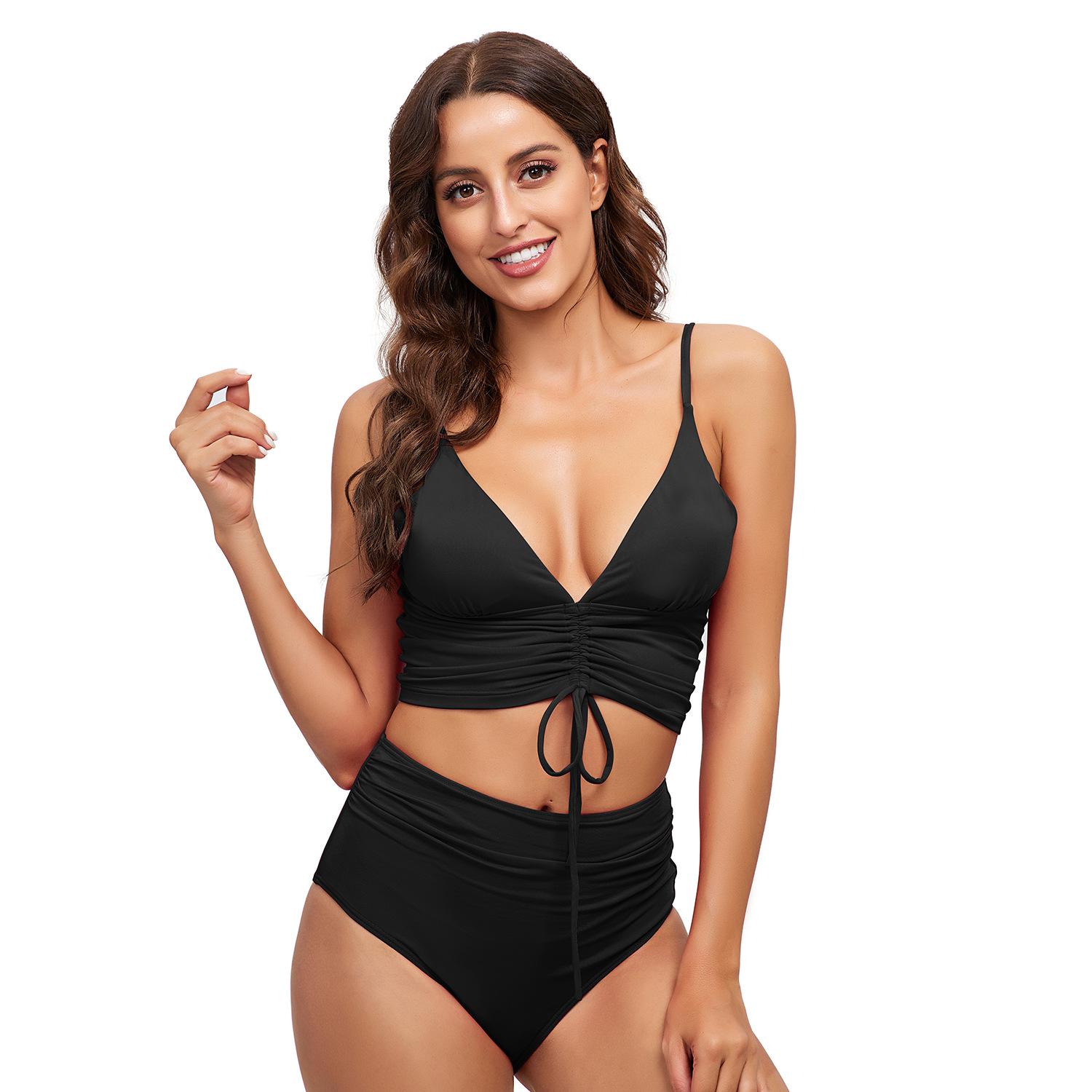 

Европейский и американский купальник с глубоким V-образным вырезом, завязками и разрезом: Женское сексуальное бикини с высокой талией XXL чёрный