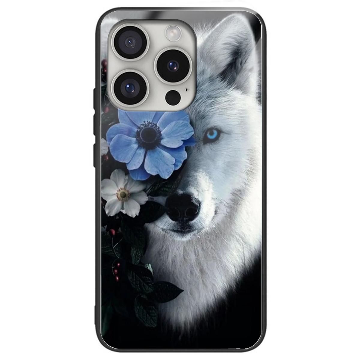 

For iPhone 16 Pro Max Shockproof Case Pattern Printed Tempered Glass+TPU Phone Cover Wolf