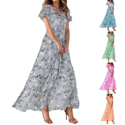Women's Summer Dresses Casual Short Sleeve Maxi Dresses Cute Floral Maxi Dresses Wedding Guest Dresses Chiffon Flowing Dresses