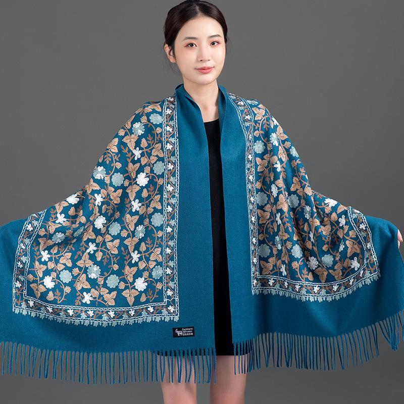 Изысканная красная цветочная вышитая шаль: Шарф из кашемировой шерсти в непальском стиле 200cm