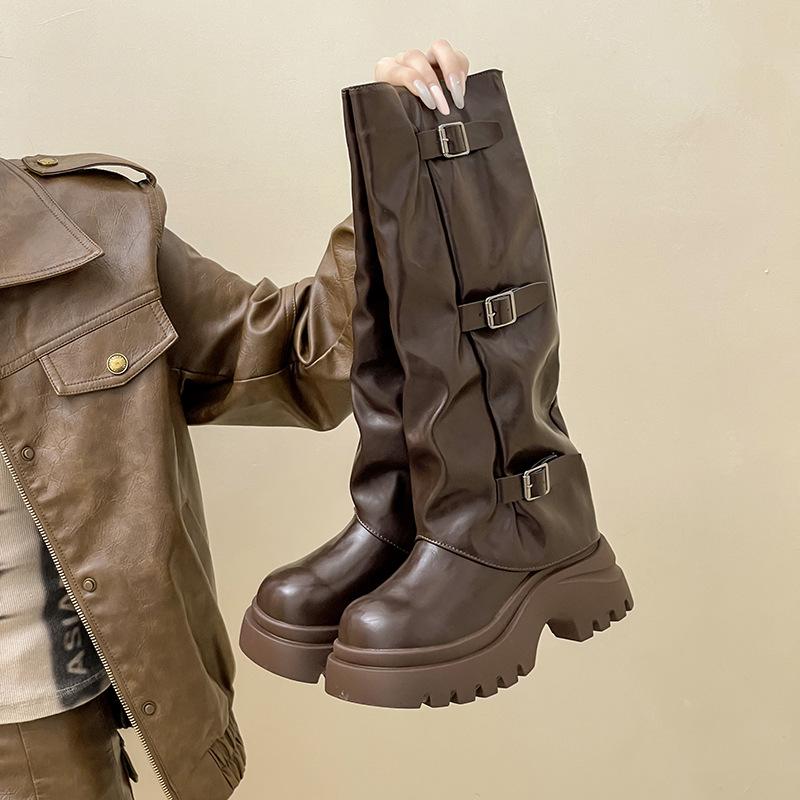 Fashion platform boots women's autumn and winter new retro British style thick heel locomotive cool knight boots trouser boots
