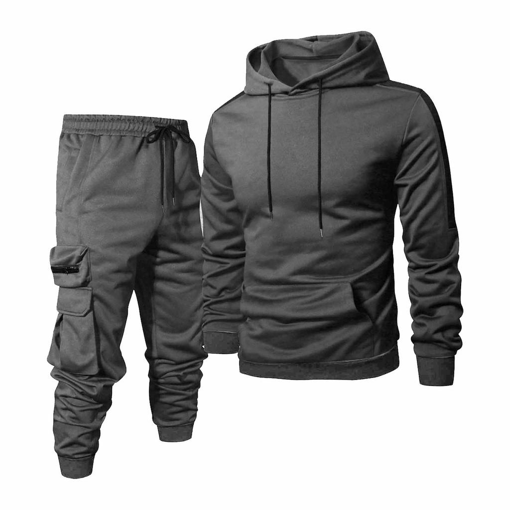 Herren einfarbiger Kapuzenpullover und Jogginghosenanzug Herren Casual Sport Mehrfach-Taschen-Sweatshirt und Jogginghosenanzug