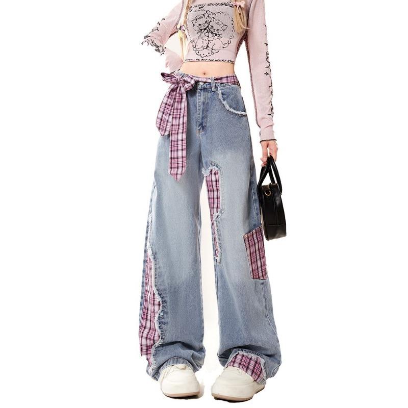 

Джинсы в стиле пэчворк со шнуровкой и бантом, женские, осенняя мода, американские, для маленьких мужчин, с высокой талией, облегающие, свободные, широкие, длинные брюки S синий