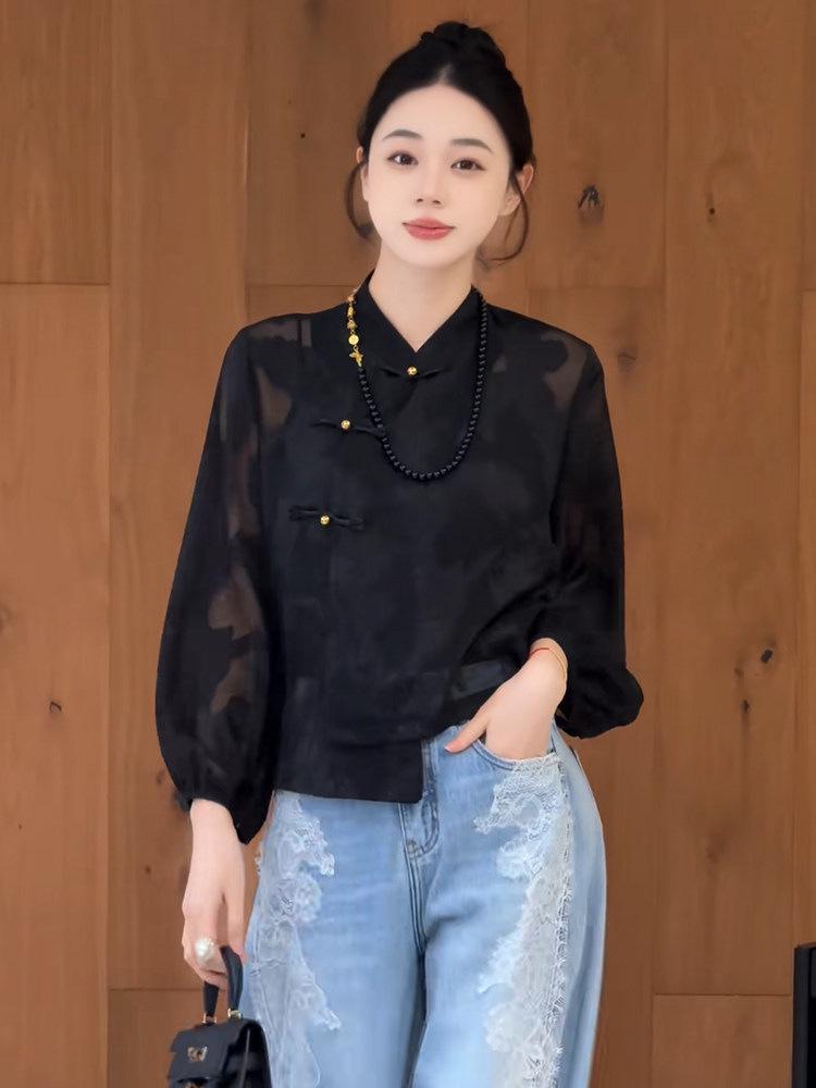 2026 Spring Chinese Style Embroidered Jacquard Frog Button Stand Collar Shirt